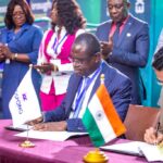 Joseph Siaw Agyepong, the chairman of JGC and the CEO of EKI Energy Services Limited, Manish Dabkara, signing the MoU.