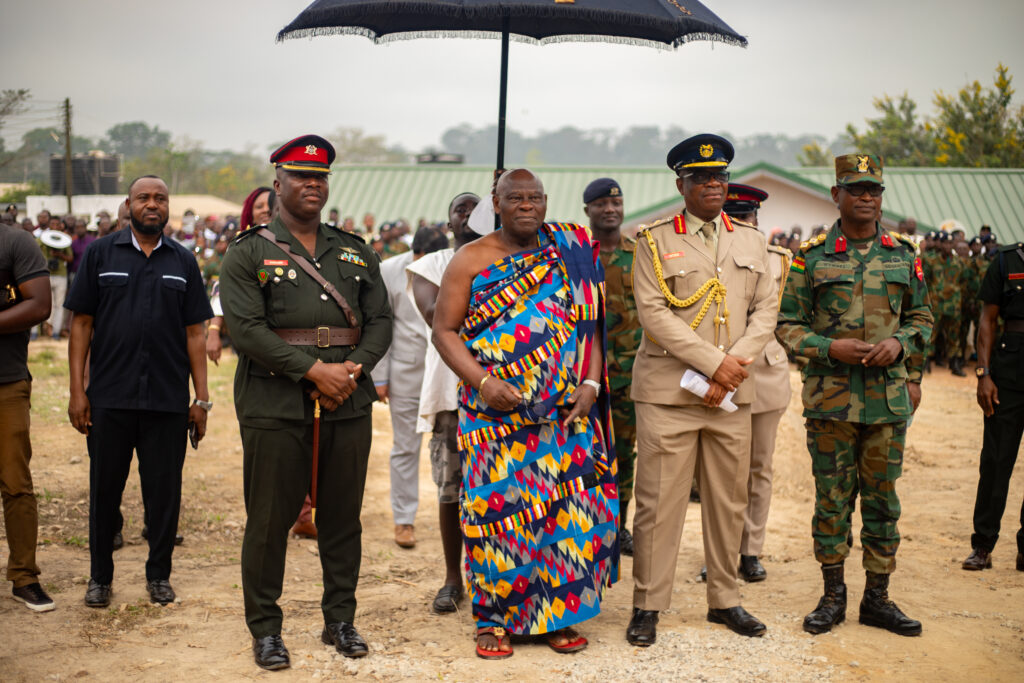 L-R: Lt Col Jacob Codjoe, commander of the Jungle Warfare School, board chairman of Genser Energy, Nana Osae Nyampong VI and Brig. Gen. Anthony Ntem, Commander, 17 Army Signal Brigade